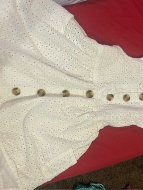 Little Lass White Eyelet Button-Front Dress with Wood-Tone Buttons